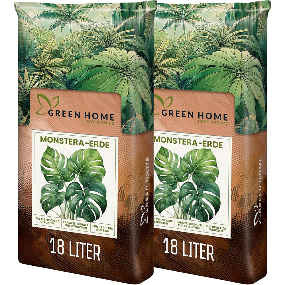 Zwei Säcke Green Home Monstera Erde à 18 Liter nebeneinander als Set dargestellt.