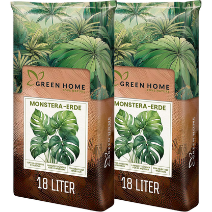 Zwei Säcke Green Home Monstera Erde à 18 Liter nebeneinander als Set dargestellt.