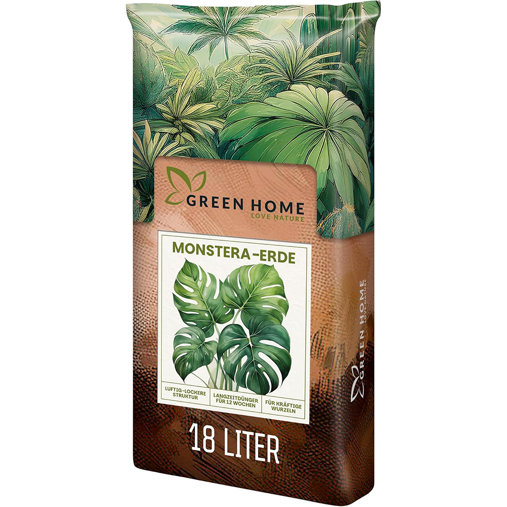 Green Home Monstera Erde 18 Liter Sack mit Monstera-Blatt-Abbildung und Mengenangabe auf der Verpackung.