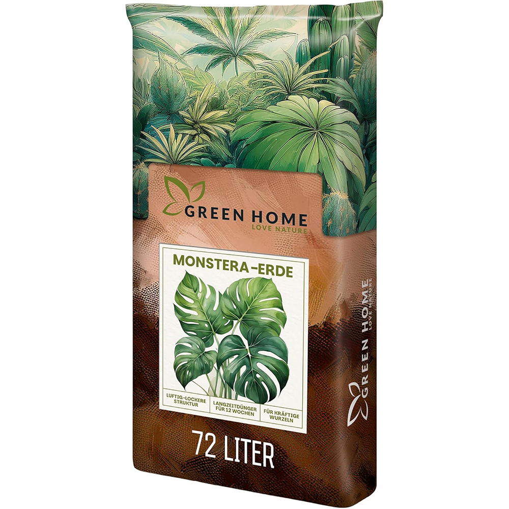Green Home Monstera Erde 72 Liter Sack mit großem Monstera-Motiv und Mengenangabe auf der Vorderseite.