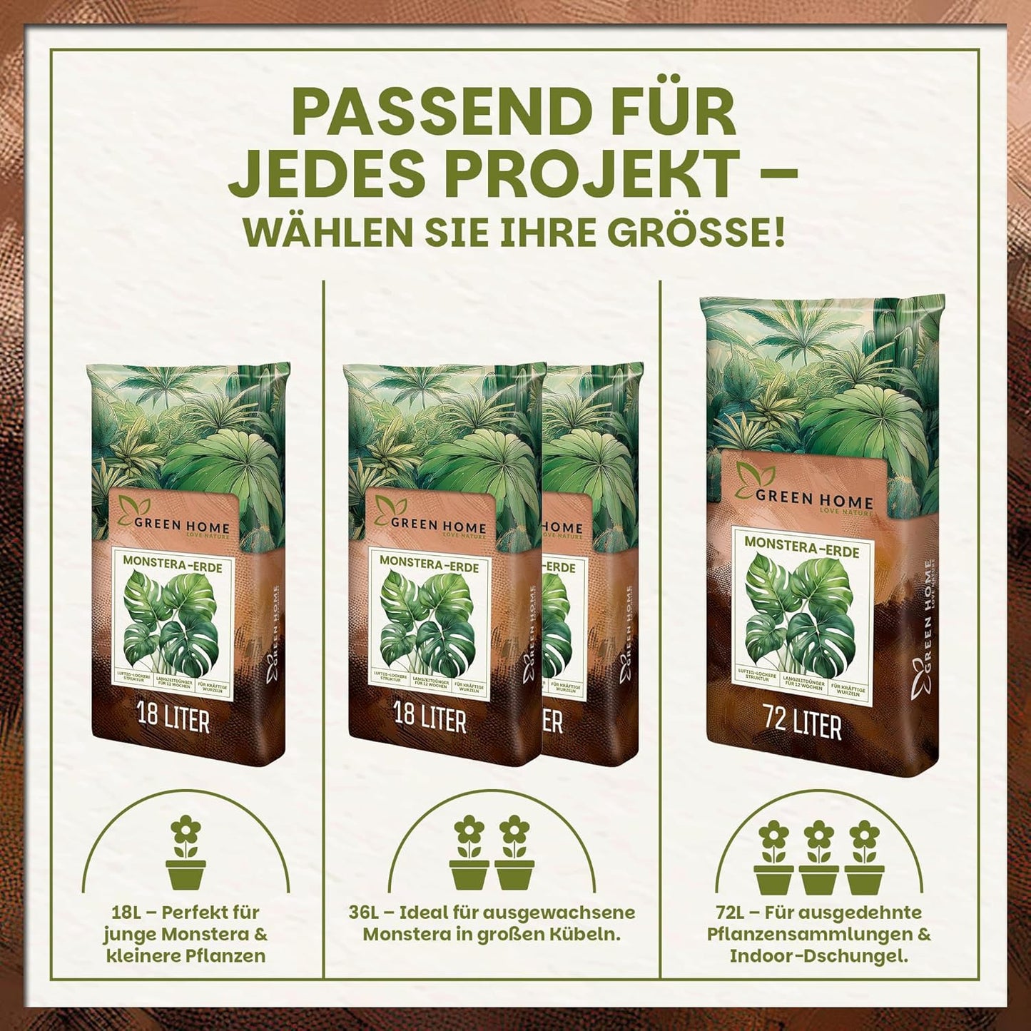 Darstellung der verfügbaren Größen 18 Liter, 36 Liter (2×18L) und 72 Liter für unterschiedliche Pflanzprojekte.