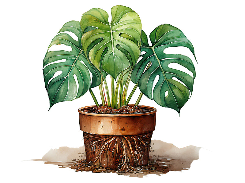 Illustration einer Monstera im Tontopf mit sichtbarem Wurzelbereich zur Darstellung der durchlässigen Substratstruktur.