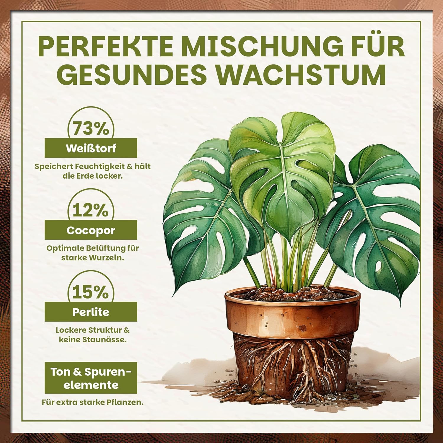 Darstellung der prozentualen Zusammensetzung (73 % Weißtorf, 12 % Cocopor, 15 % Perlite) sowie Ton- & Spurenelemente.