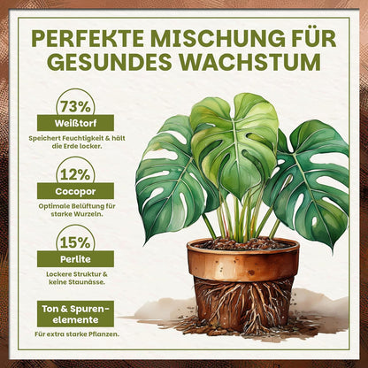 Darstellung der prozentualen Zusammensetzung (73 % Weißtorf, 12 % Cocopor, 15 % Perlite) sowie Ton- & Spurenelemente.