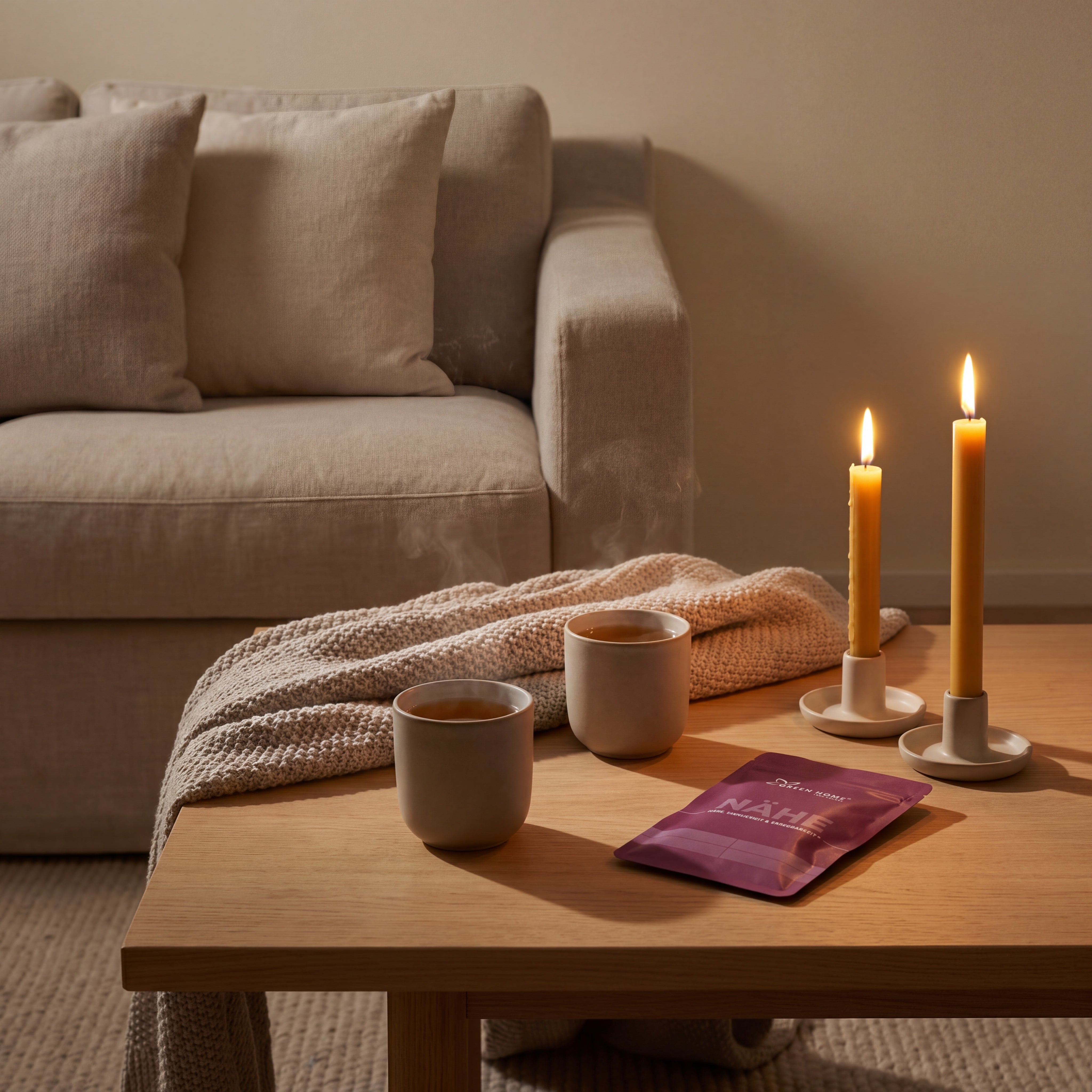 Green Home Nähe Ritual Set im Wohnzimmer bei Kerzenlicht zu zweit