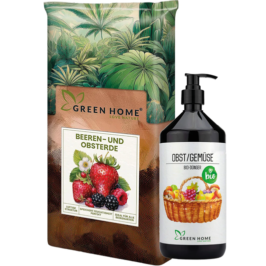 Green Home Obst & Gemüse Bundle mit Beeren- und Obsterde sowie Bio Dünger in Pumpflasche