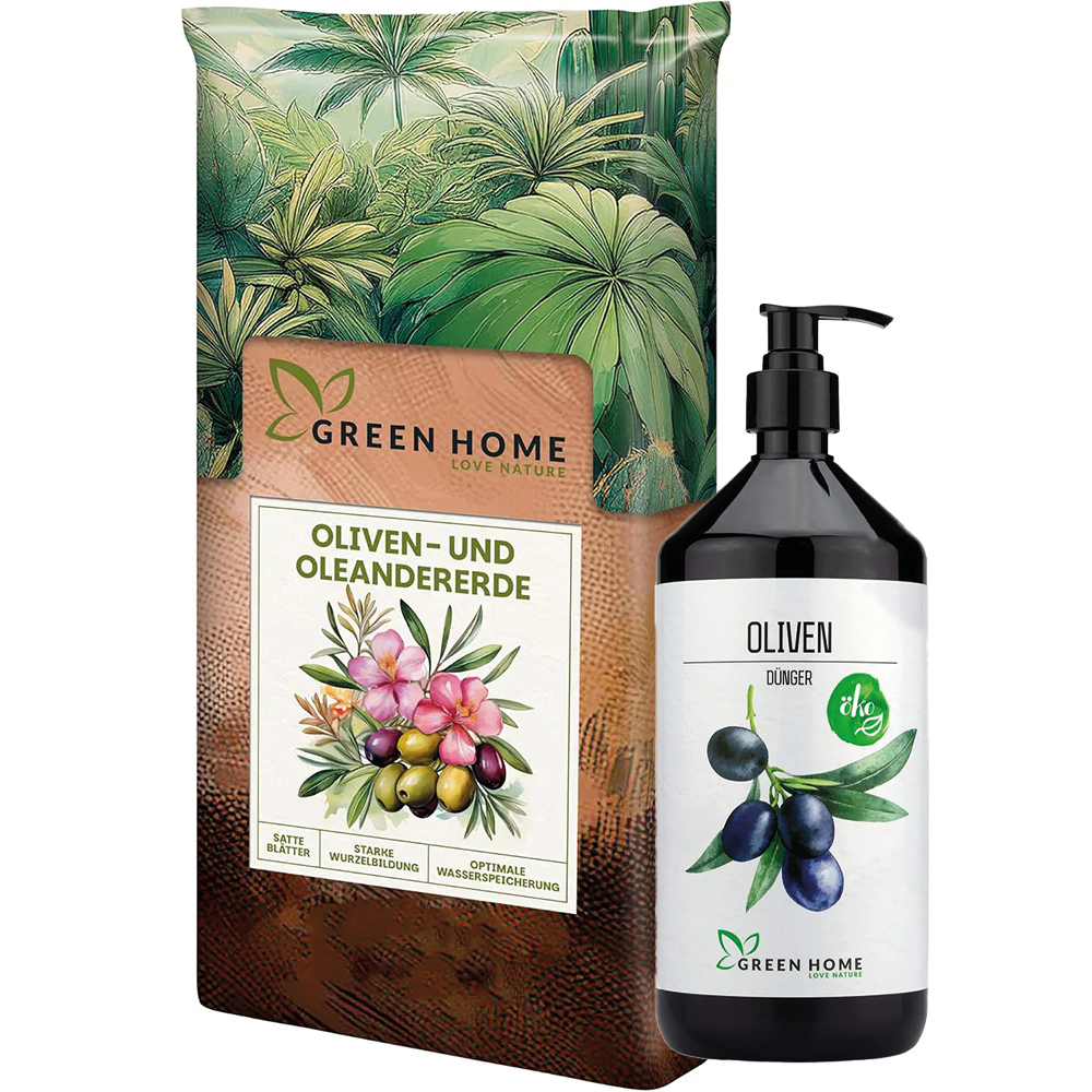 Green Home Oliven Bundle mit Oliven- und Oleandererde sowie Bio-Dünger für mediterrane Pflanzen