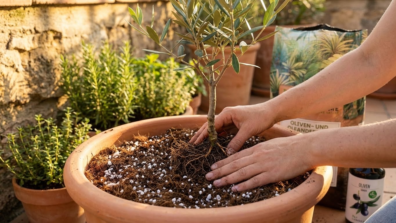 Olivenbaum wird in einem Terrakottatopf mit spezieller Oliven- und Oleandererde eingepflanzt – optimale Grundlage für gesundes Wurzelwachstum.