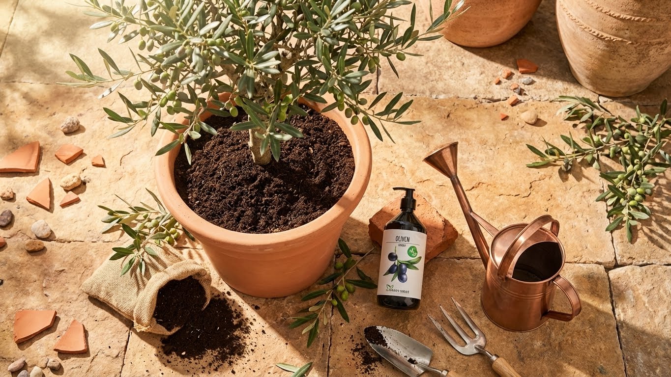 Olivenbaum im Topf mit Erde, Gartengeräten, Olivendünger und Spezialerde – vorbereitetes Set für die optimale Olivenpflege.