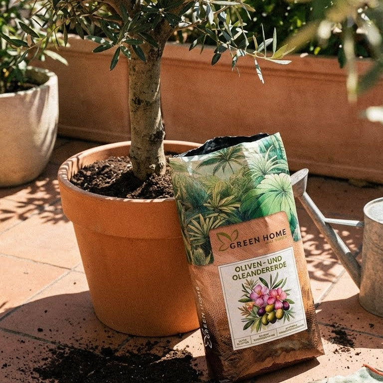 Green Home Oliven- und Oleandererde neben einem Olivenbaum im Pflanzkübel bei der Anwendung