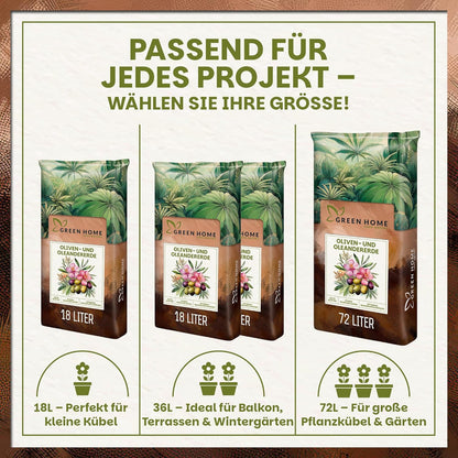 Übersicht der verfügbaren Größen der Green Home Oliven- und Oleandererde mit 18 Liter, 36 Liter und 72 Liter Verpackungen