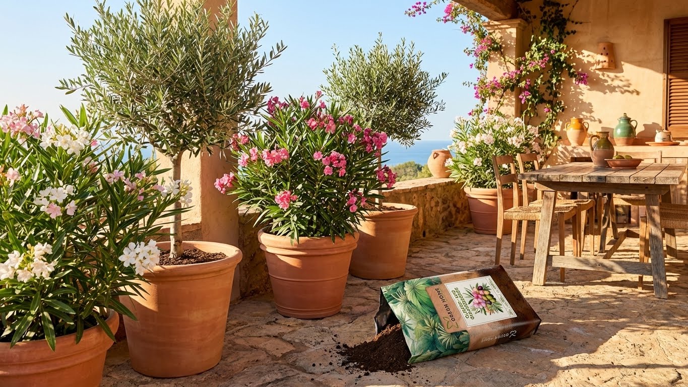 Green Home Oliven- und Oleandererde auf einer mediterranen Terrasse mit Oliven- und Oleanderpflanzen in Töpfen