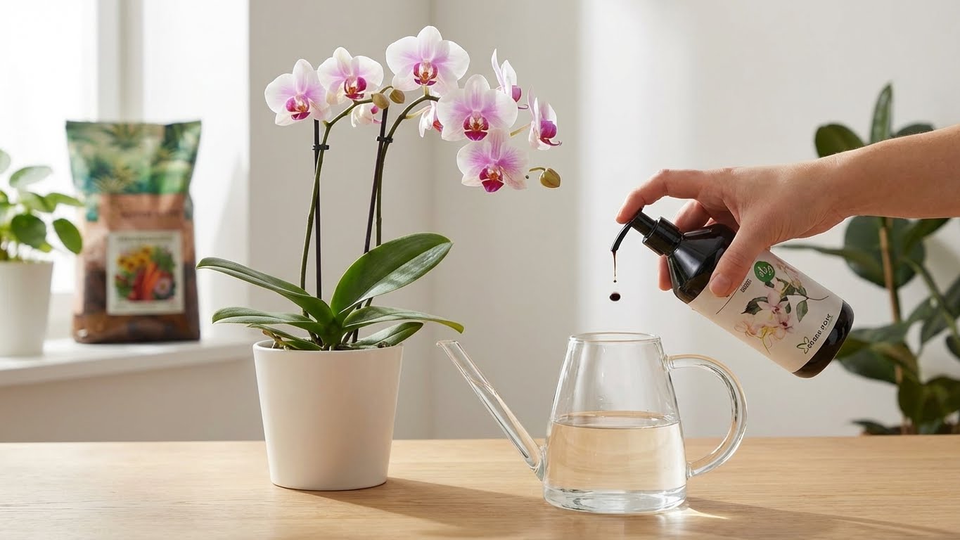 Orchidee wird mit Green Home Orchideen Bio-Dünger über Gießkanne gedüngt, helle Wohnraumszene am Fenster