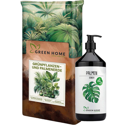 Green Home Palmen Bundle mit Grünpflanzen- und Palmenerde im Beutel sowie Bio-Palmendünger in Pumpflasche auf weißem Hintergrund