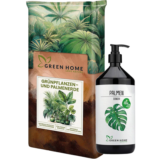 Green Home Palmen Bundle mit Grünpflanzen- und Palmenerde im Beutel sowie Bio-Palmendünger in Pumpflasche auf weißem Hintergrund