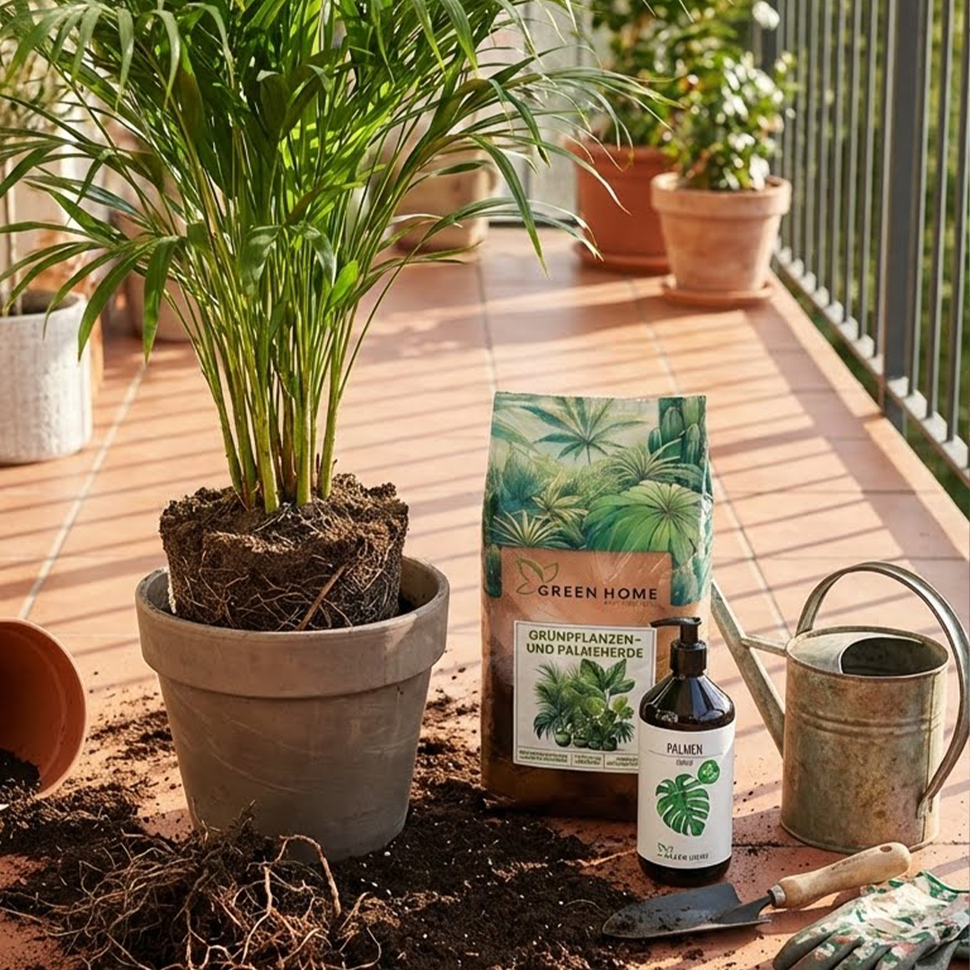 Umtopfen einer Palme mit Green Home Grünpflanzen- und Palmenerde sowie Bio-Dünger – komplette Pflegelösung im Set