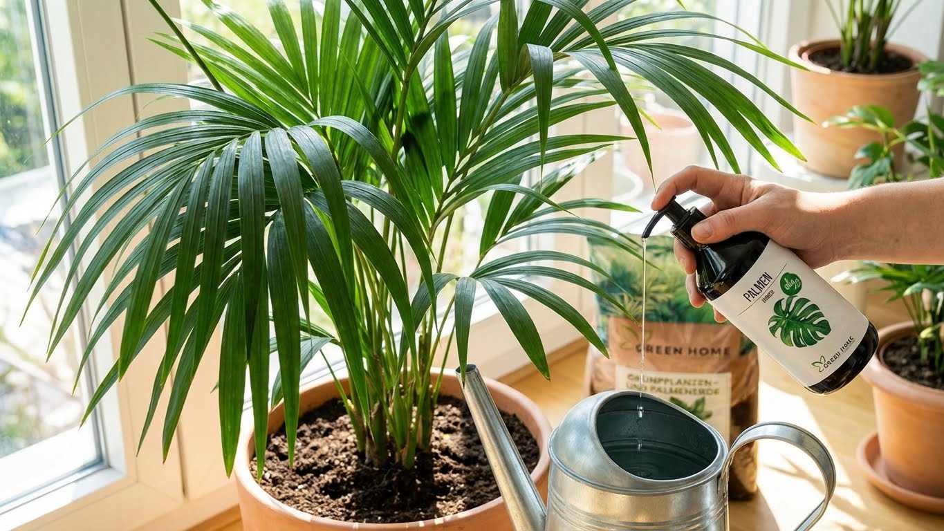 Pflege einer gesunden Zimmerpalme mit Green Home Bio-Palmendünger – einfache Dosierung direkt im Topf