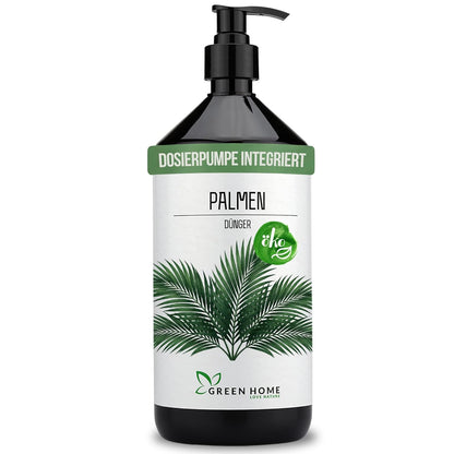 Green Home Palmendünger 1L Flasche mit integrierter Dosierpumpe vor weißem Hintergrund