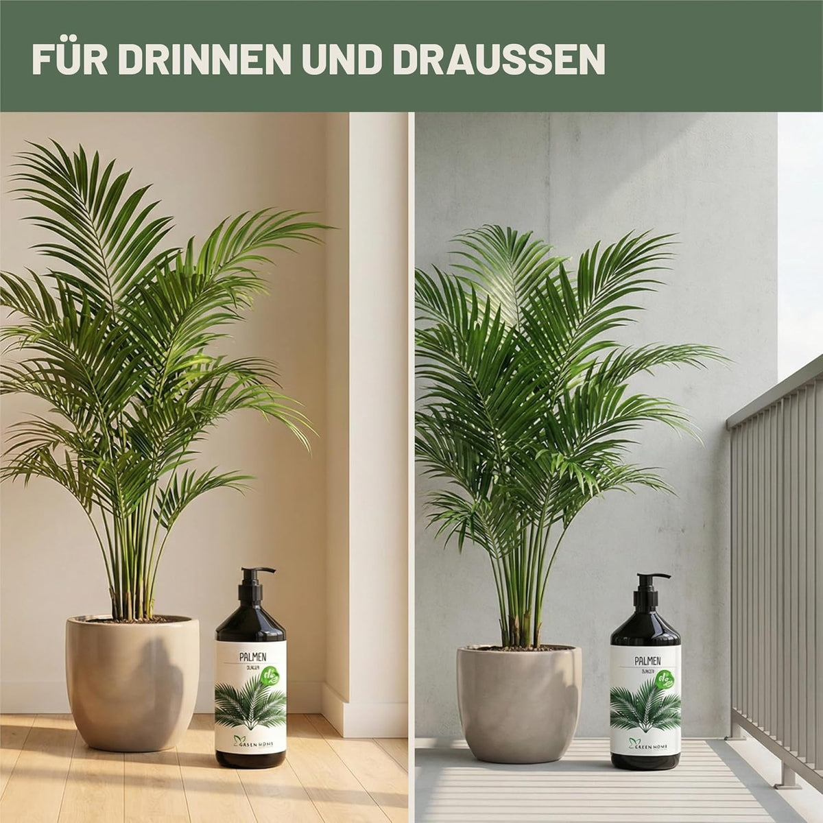 Green Home Palmendünger 1L neben Palmen im Innenbereich und auf dem Balkon für drinnen und draußen