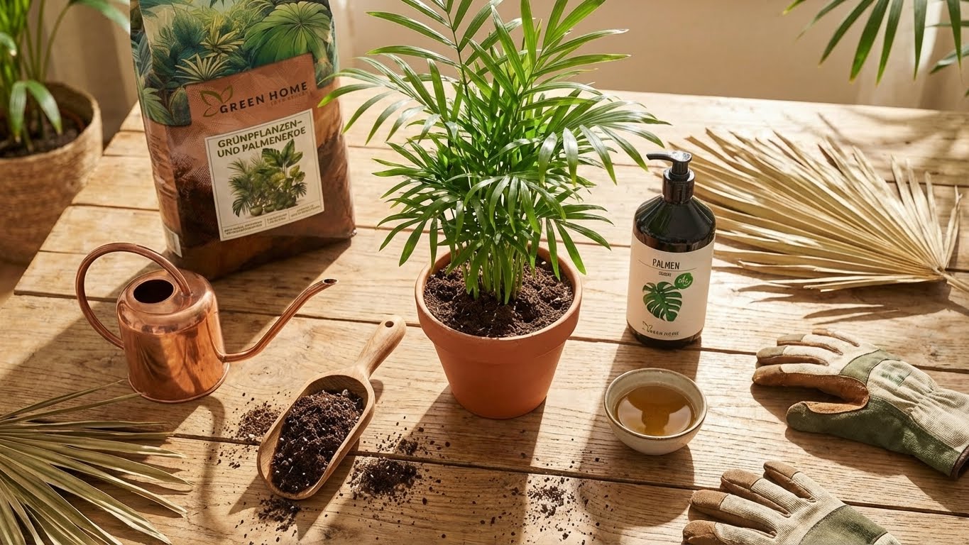 Green Home Palmen Bundle im Einsatz – Spezialerde, Bio-Dünger und Zubehör für gesunde Palmen auf Balkon oder Terrasse