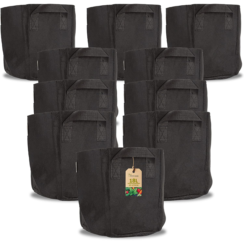 Zehn schwarze 18 Liter Pflanzsäcke von Green Home aus atmungsaktivem Vliesstoff für Pflanzen und Gemüse