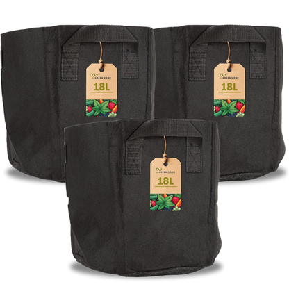 Drei schwarze 18 Liter Pflanzsäcke von Green Home aus luft- und wasserdurchlässigem Vliesstoff