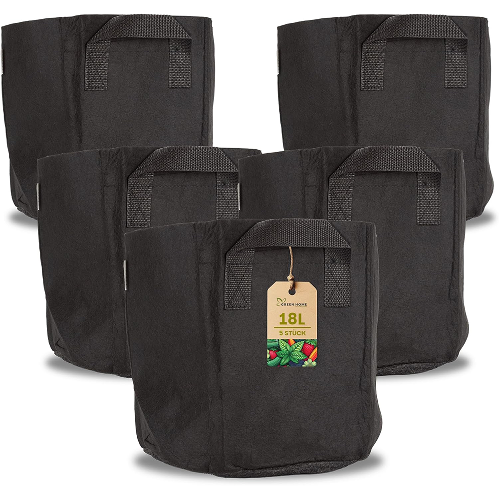 Fünf schwarze 18 Liter Pflanzsäcke von Green Home aus robustem Stoffmaterial mit Griffen