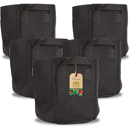 Fünf schwarze 18 Liter Pflanzsäcke von Green Home aus robustem Stoffmaterial mit Griffen