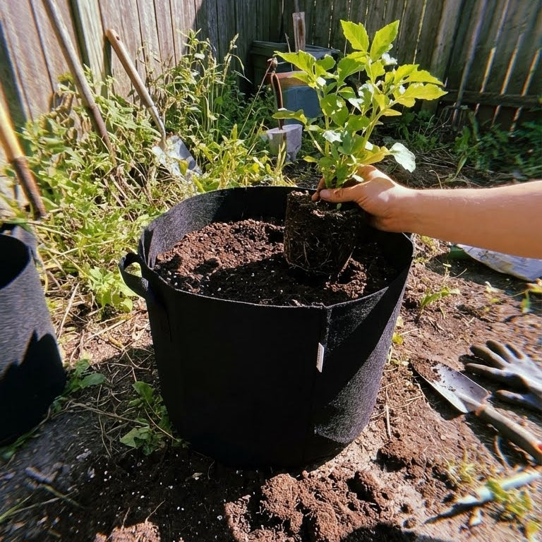 Green Home Pflanzsack 18 Liter in Schwarz beim Einpflanzen einer Jungpflanze im Garten