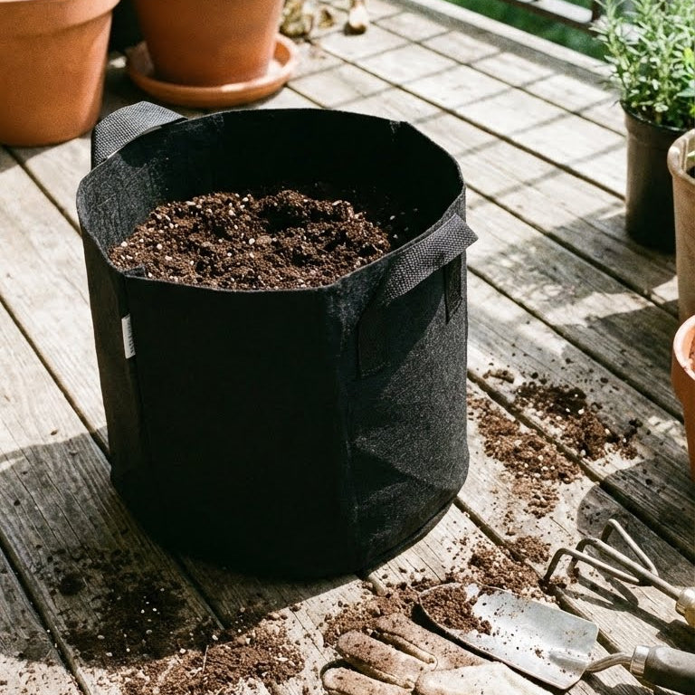 Mit Erde gefüllter schwarzer Green Home Pflanzsack 18 Liter auf einer Holzterrasse mit Gartenwerkzeug