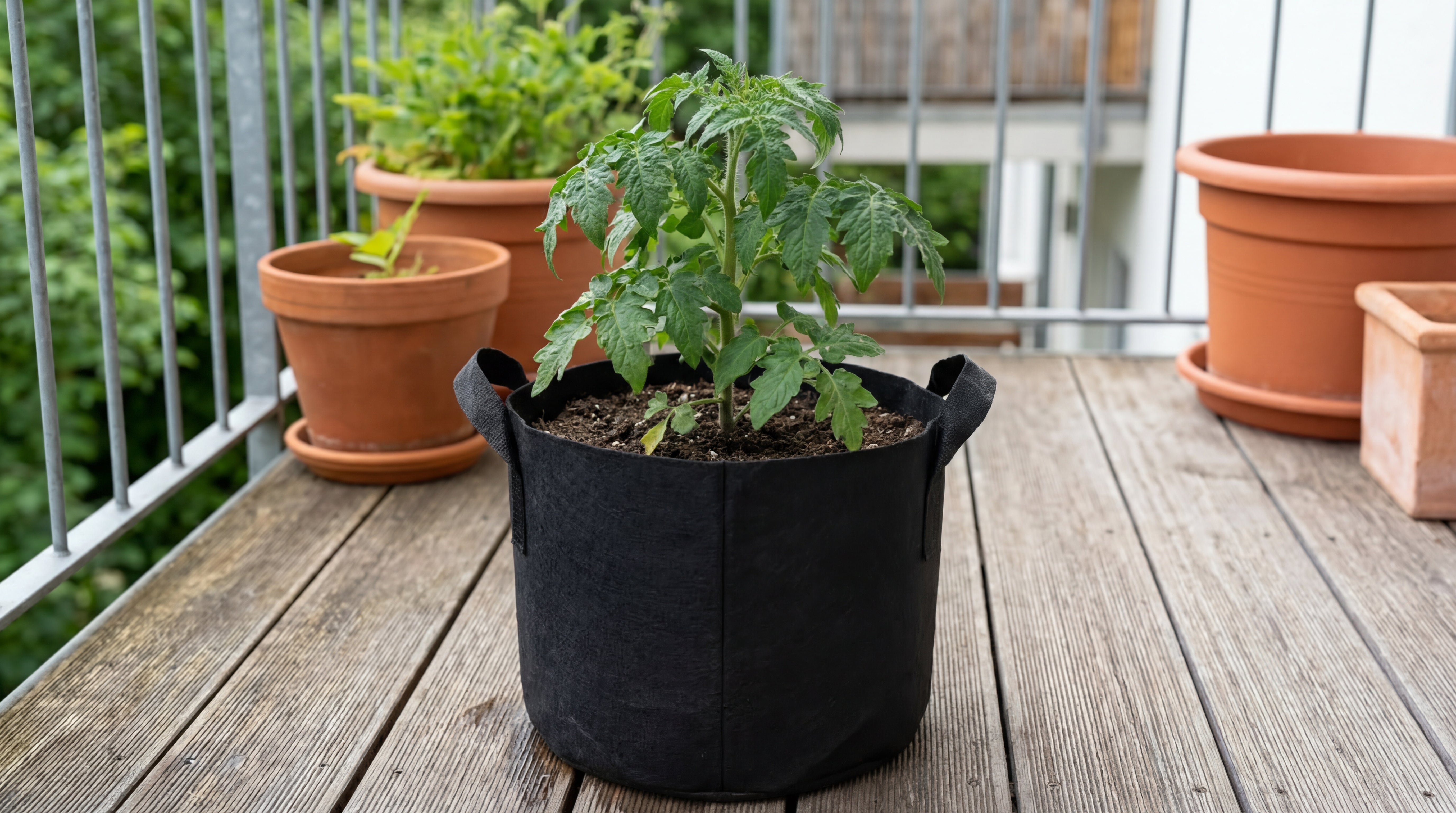 Gesunde Pflanze in einem schwarzen Green Home Pflanzsack 18 Liter auf einem Balkon mit Holzboden