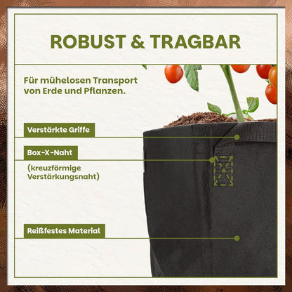Detailansicht des Green Home Pflanzsacks 18 Liter mit verstärkten Griffen, Box-X-Naht und robustem schwarzem Stoffmaterial