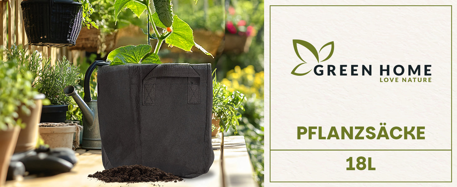 Schwarzer Green Home Pflanzsack mit 18 Liter Volumen auf einem Balkontisch mit bepflanztem Stofftopf und Gartenumgebung