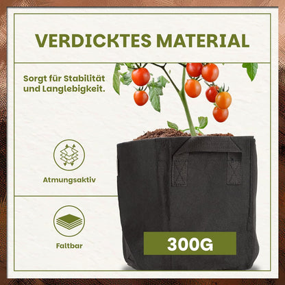 Darstellung des Green Home Pflanzsacks 18 Liter mit verdicktem, atmungsaktivem Material und bepflanztem Stofftopf