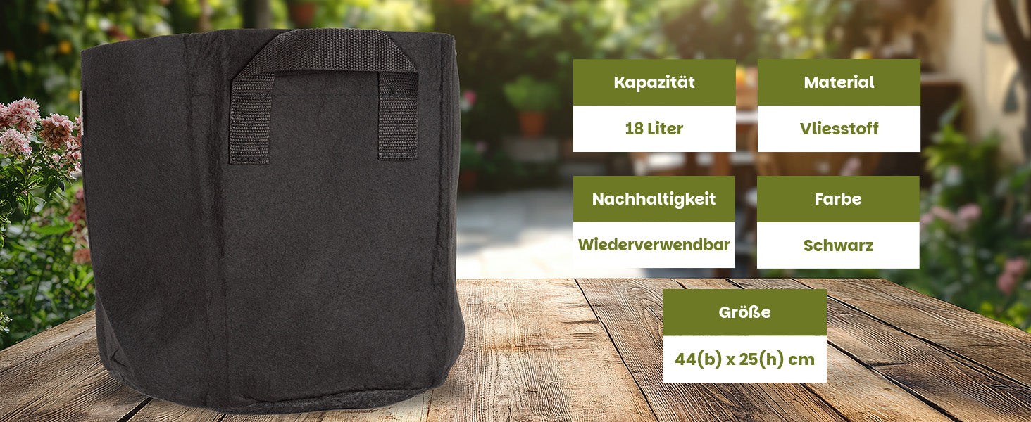 Green Home Pflanzsack 18 Liter in Schwarz mit eingeblendeten Angaben zu Kapazität, Material, Farbe und Größe