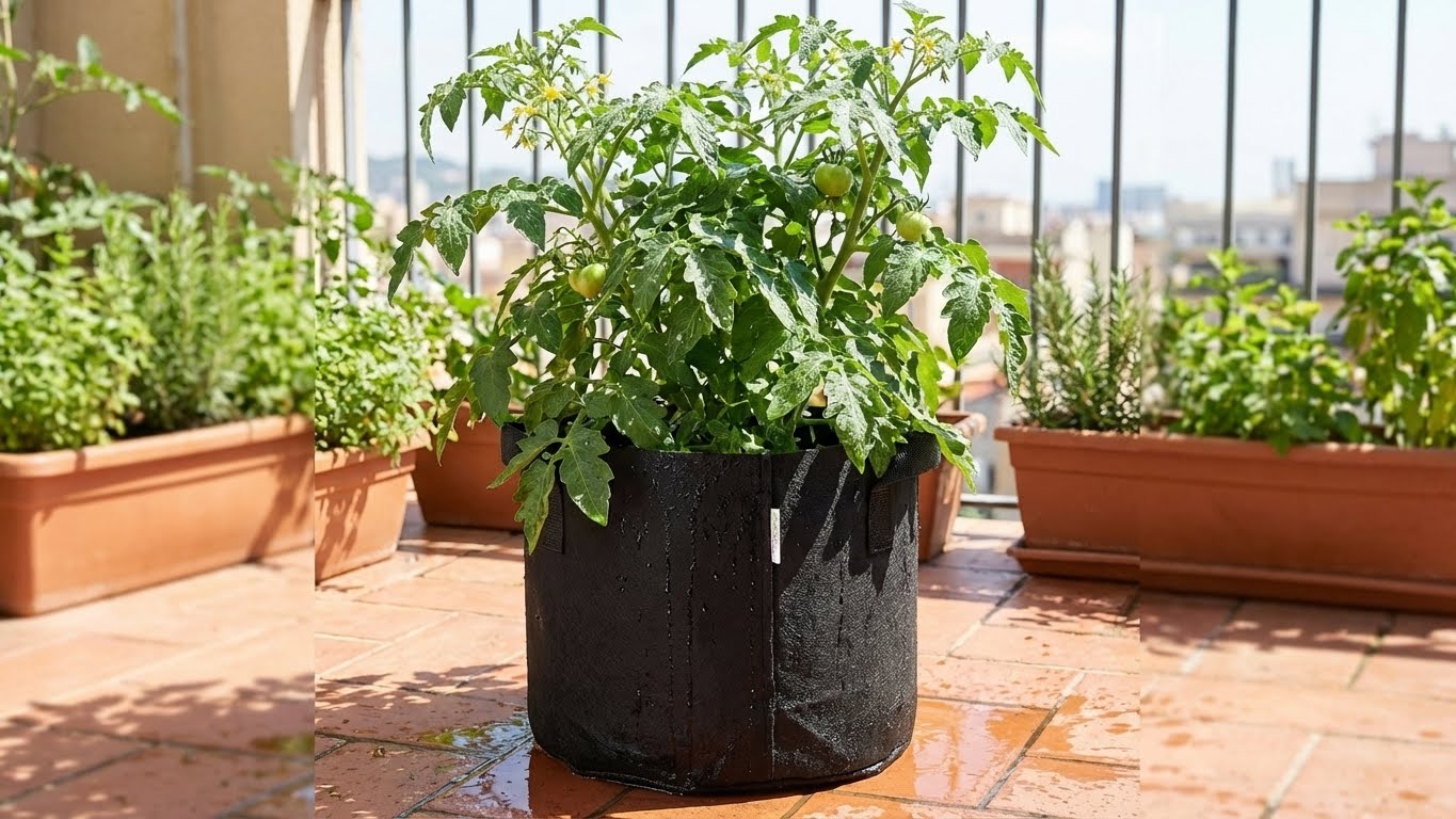 Tomatenpflanze in einem schwarzen Green Home Pflanzsack 18 Liter auf einem sonnigen Balkon