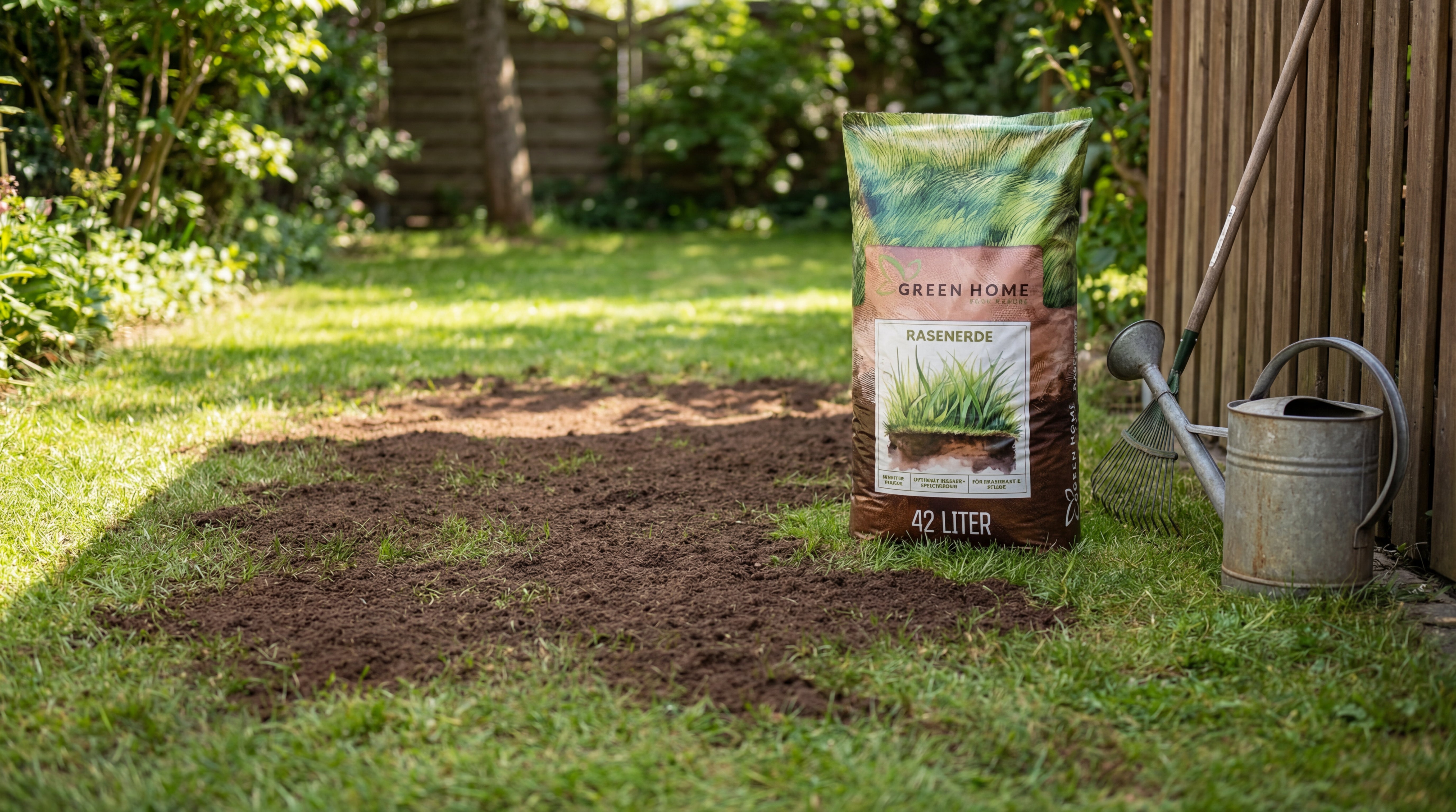 Sack Green Home Rasenerde mit 42 Liter Inhalt steht im Garten auf vorbereiteter Rasenfläche neben Gießkanne und Rechen.