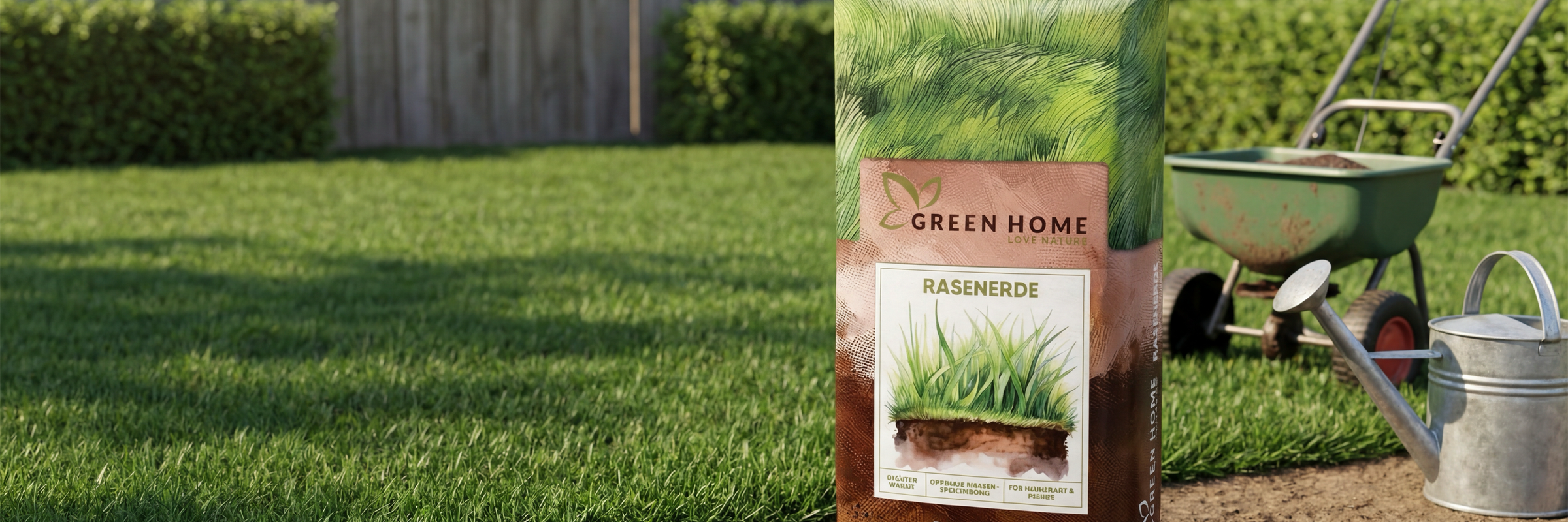 Green Home Rasenerde 42 Liter im Garten bei der Rasenpflege mit Schubkarre und Gießkanne.
