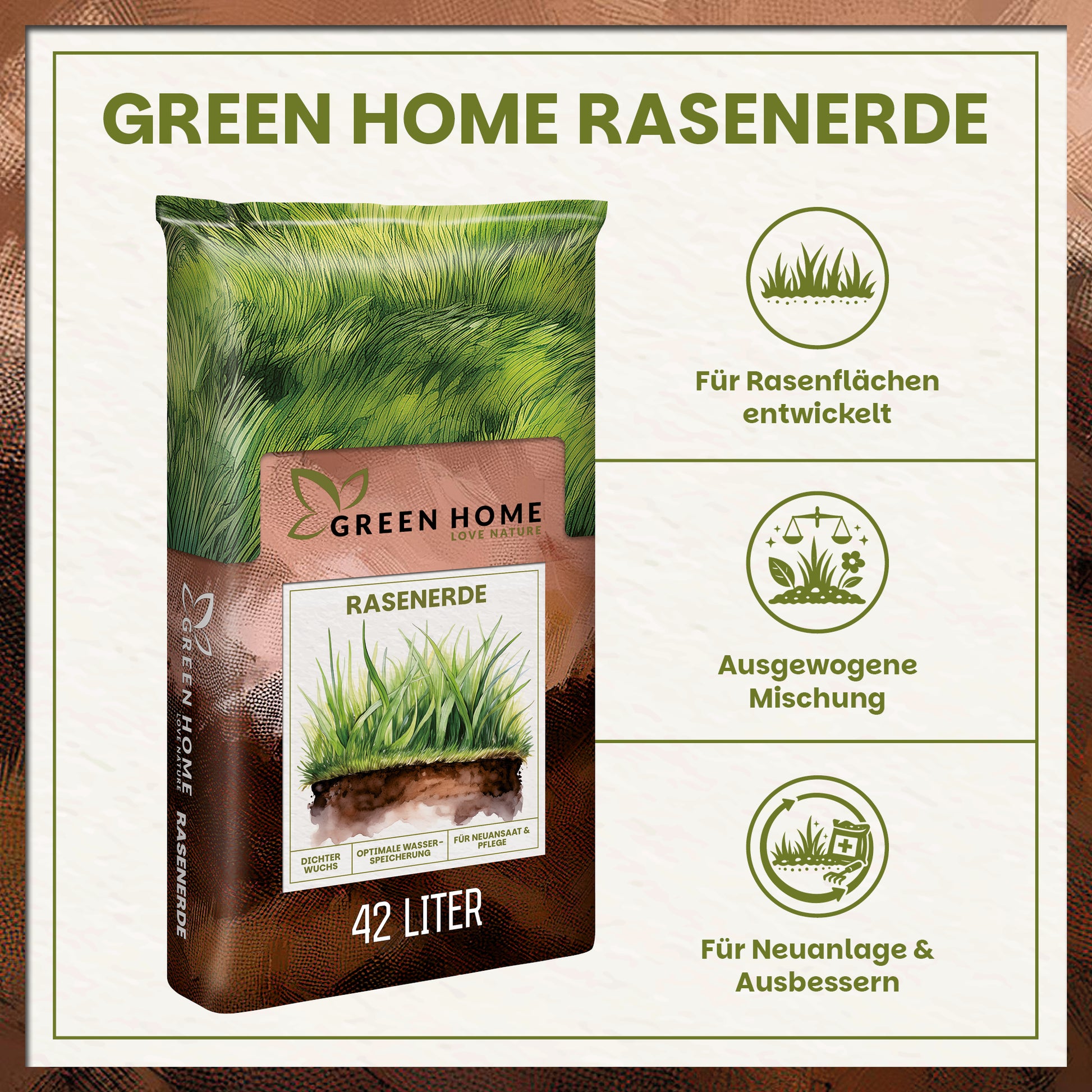 Green Home Rasenerde 42 L – Spezialerde für Rasen & Nachsaat