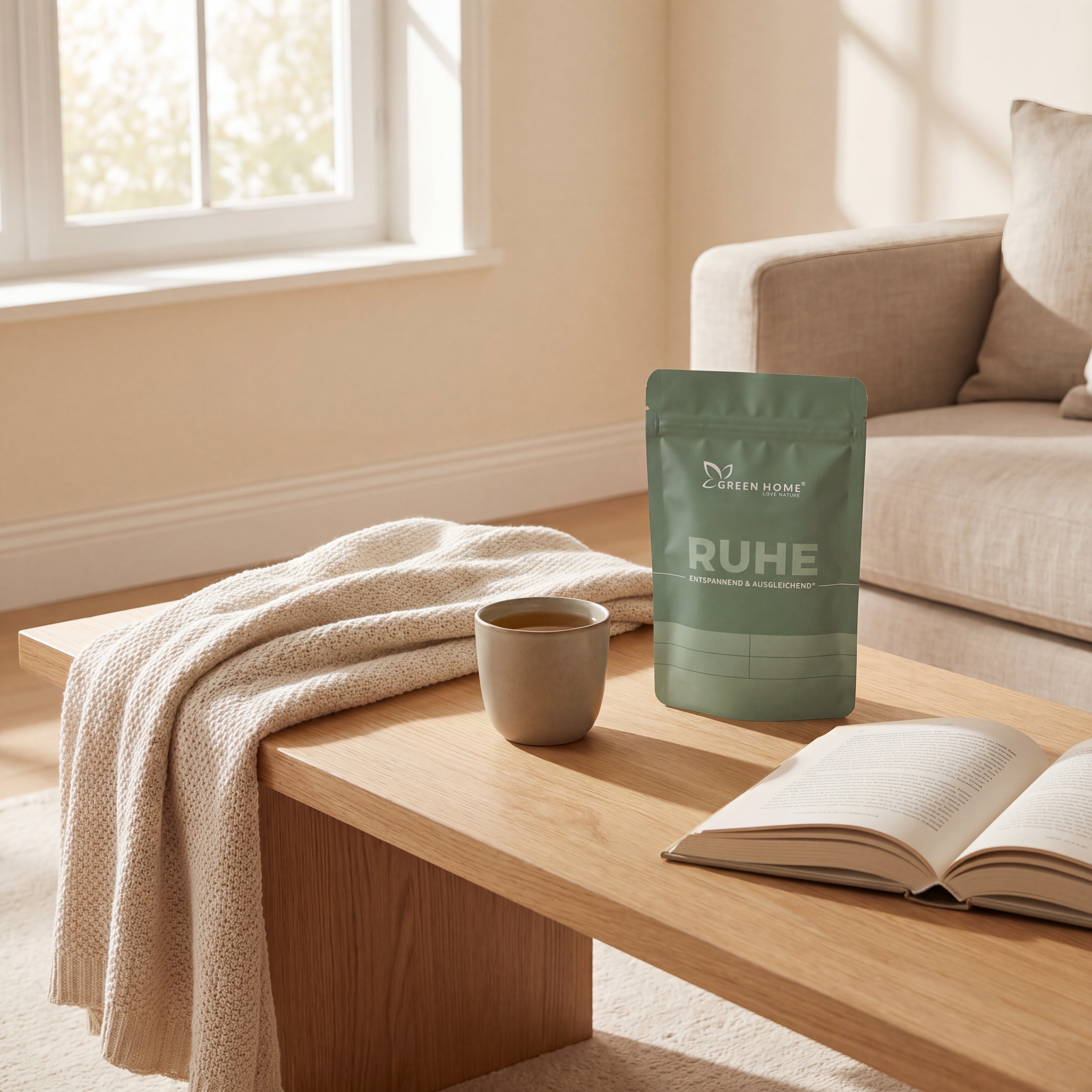 Green Home Ruhe Ritual Set im minimalistischen Wohnzimmer mit Tee und Buch