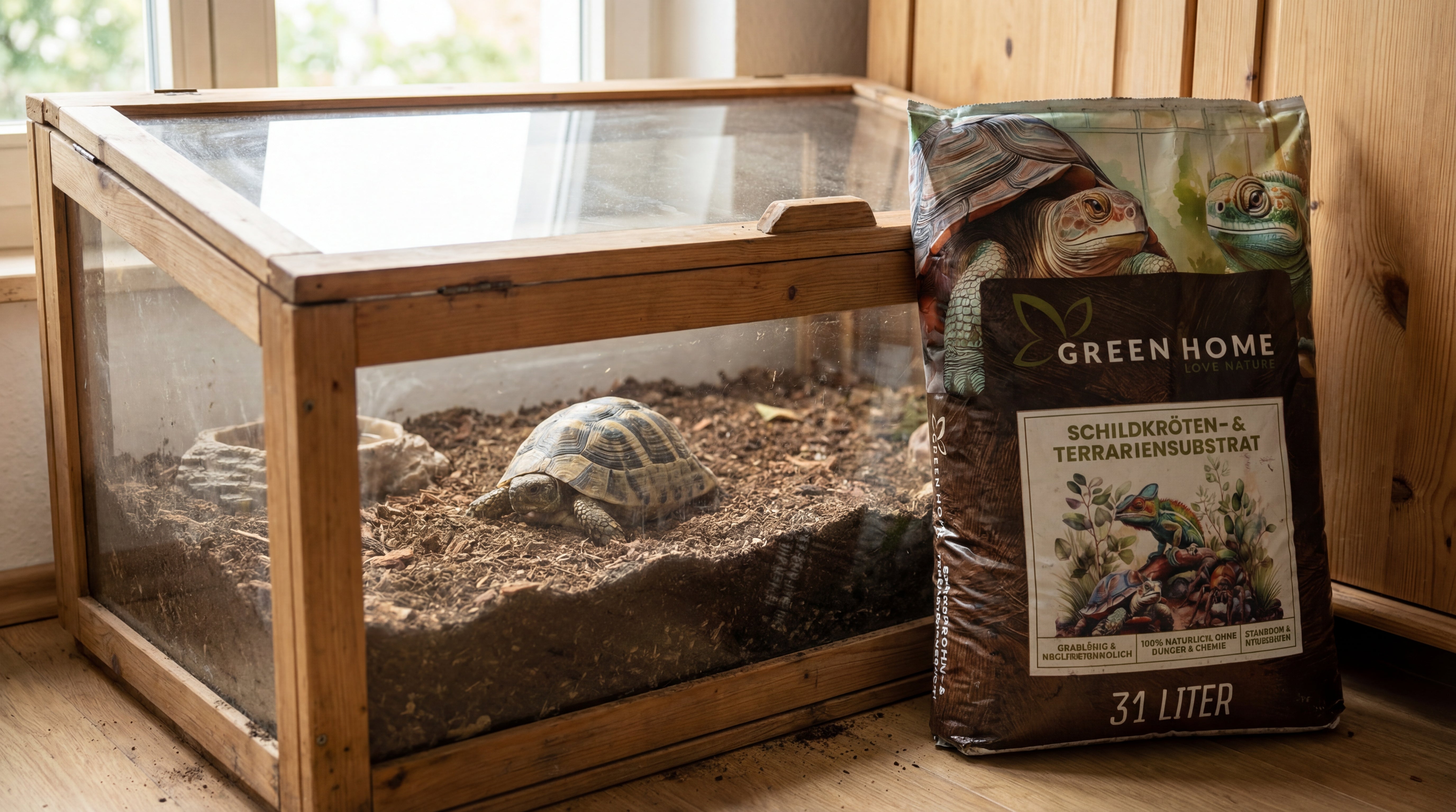 Sack Green Home Schildkröten- & Terrariensubstrat mit 31 Liter Inhalt steht neben einem Holz-Glas-Terrarium mit einer Schildkröte auf dem Substrat.