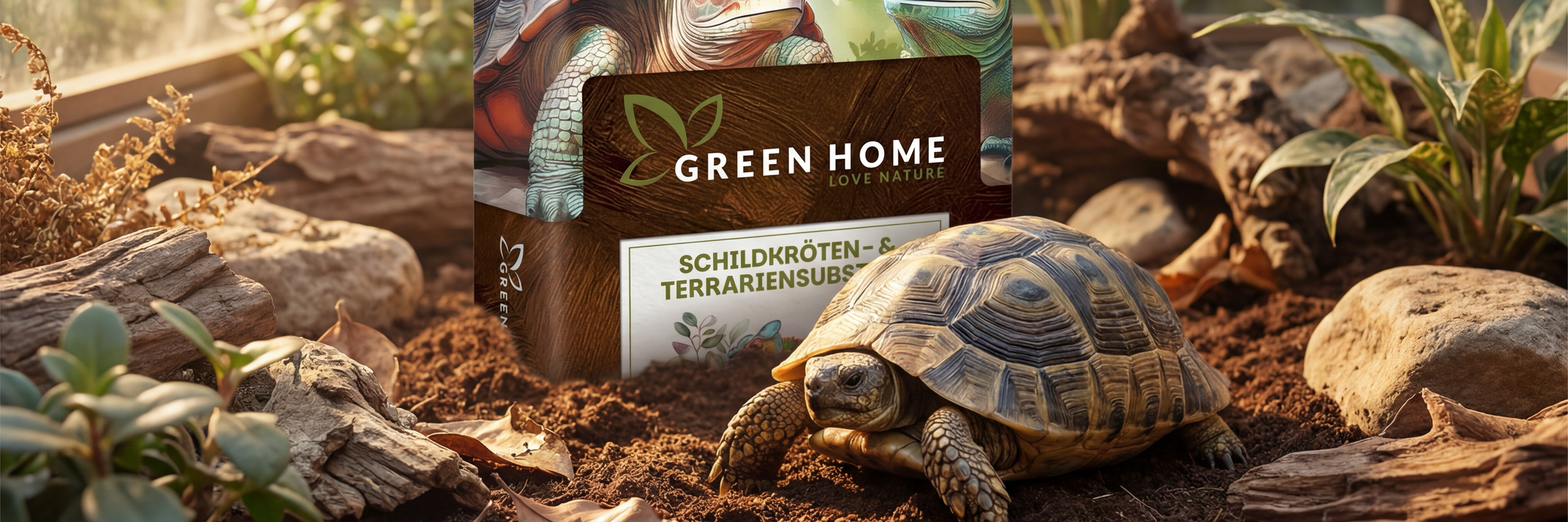 Landschildkröte im Terrarium auf grabfähiger Green Home Schildkrötenerde mit natürlicher Struktur