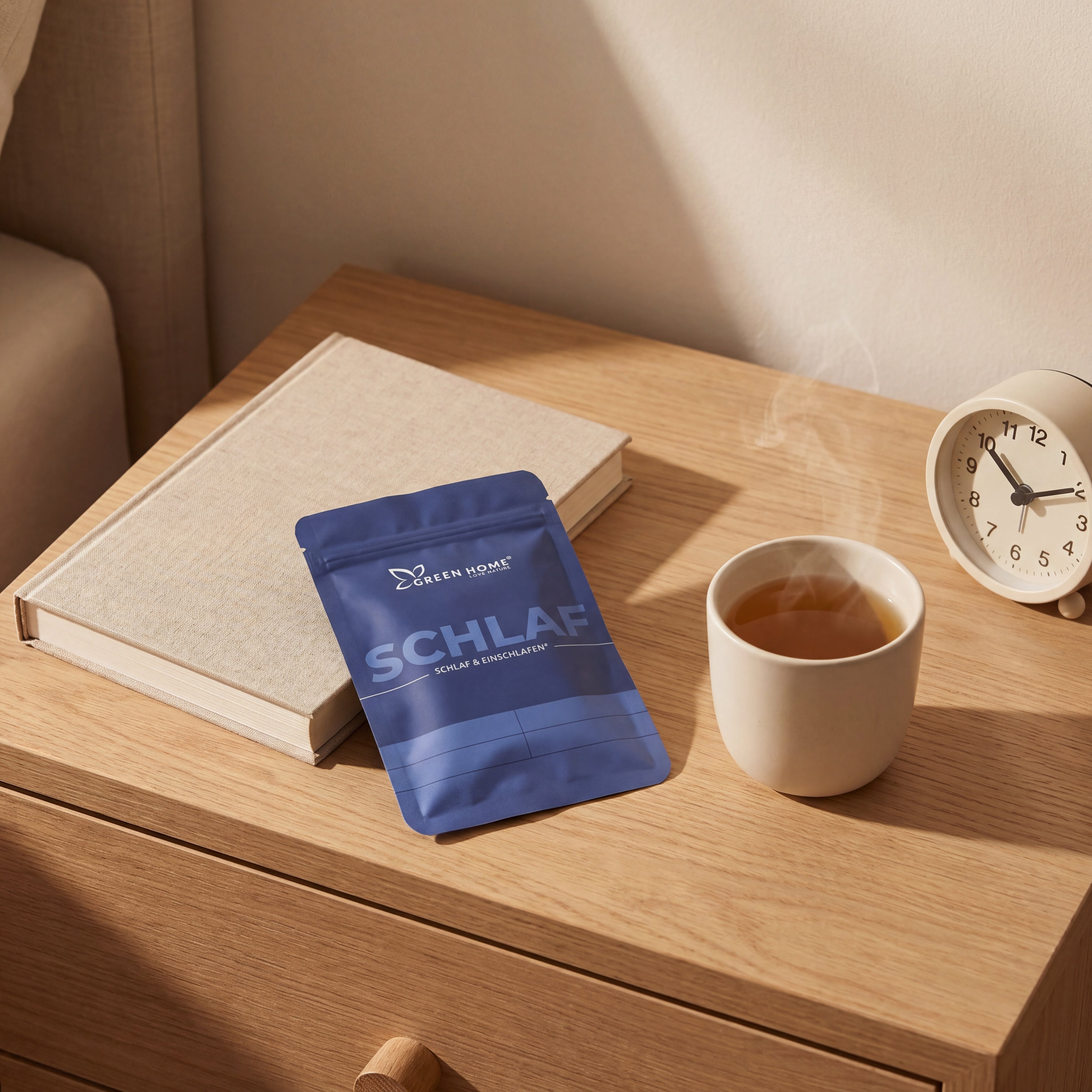 Green Home Schlaf Ritual Set auf Nachttisch mit Buch und Tee