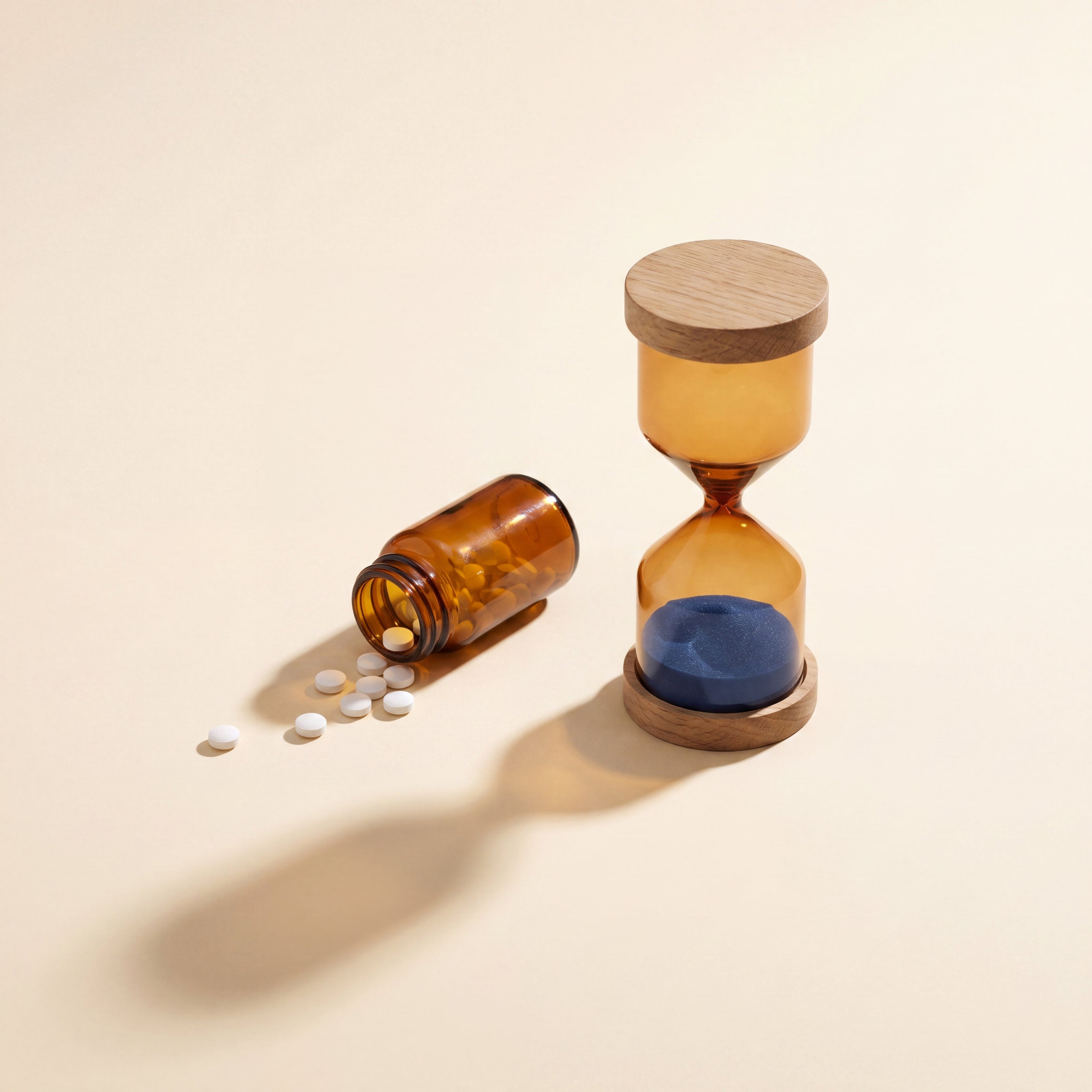 Umgekippte Pillendose neben Sanduhr mit tiefblauem Sand – Symbol für natürliches Einschlafen ohne Gewöhnungseffekt