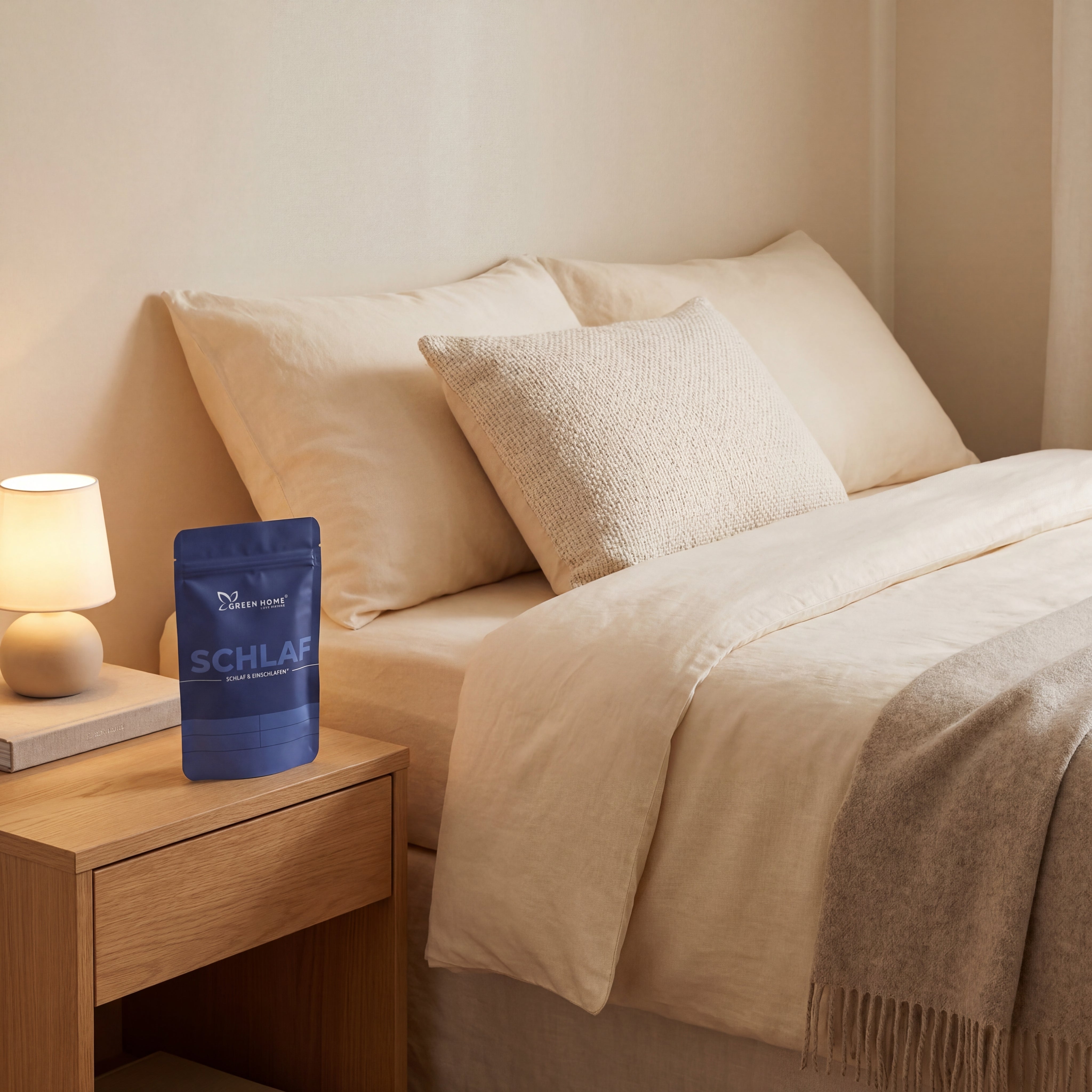 Green Home Schlaf Ritual Set in minimalistischem Schlafzimmer mit warmem Abendlicht