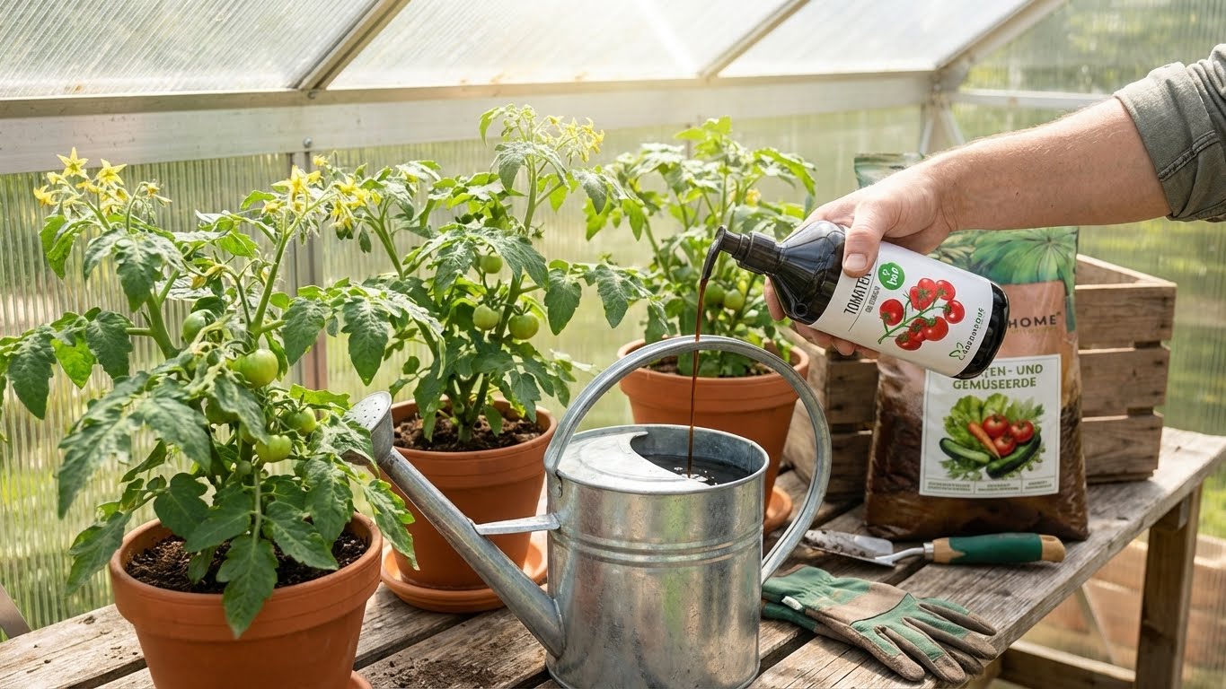 Tomatenpflanzen im Gewächshaus werden mit Bio-Tomatendünger aus der Gießkanne versorgt.