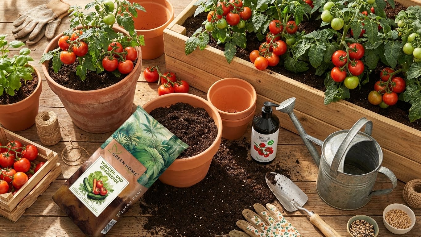 Reife Cherrytomaten im Topf und Hochbeet mit Tomaten- und Gemüseerde sowie Bio-Dünger im Vordergrund.
