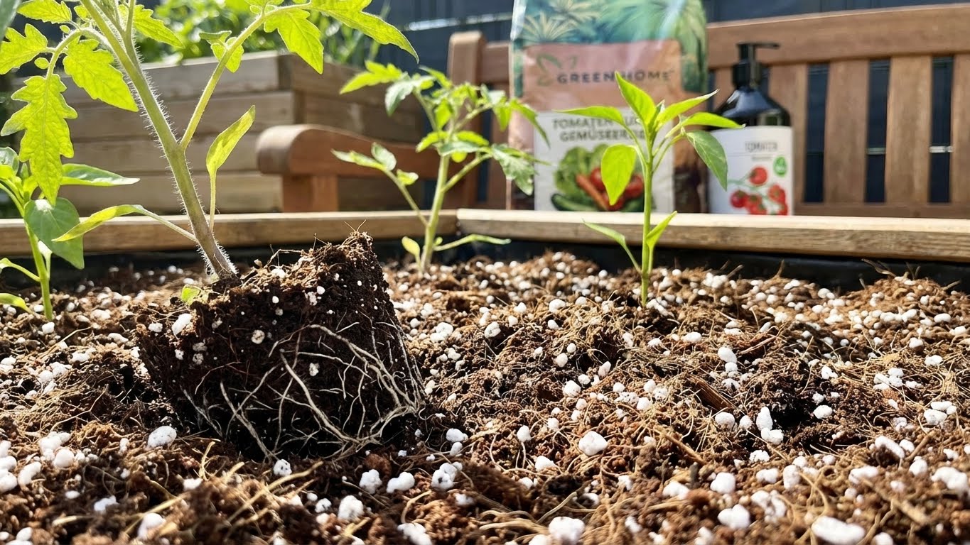 Tomatenjungpflanze mit freigelegtem Wurzelballen in lockerer, strukturreicher Erde im Hochbeet.