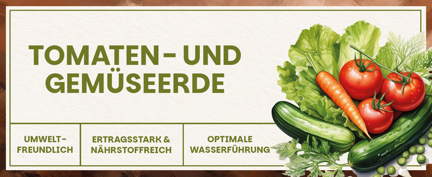 Tomaten- und Gemüseerde von Green Home mit frischem Gemüse, ertragsstark, nährstoffreich und mit optimaler Wasserführung