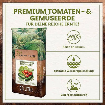 Premium Tomaten- und Gemüseerde von Green Home mit Vorteilen wie Kaliumgehalt, Wasserspeicherung und sofortiger Einsatzbereitschaft